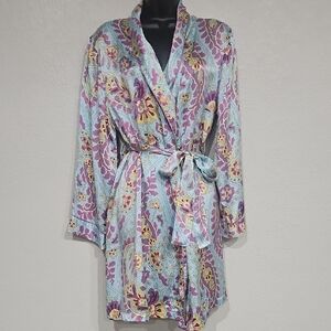 Nick & Nora Women's Vintage Silk Blue Purple Abstract Floral Loungewear Robe S/M